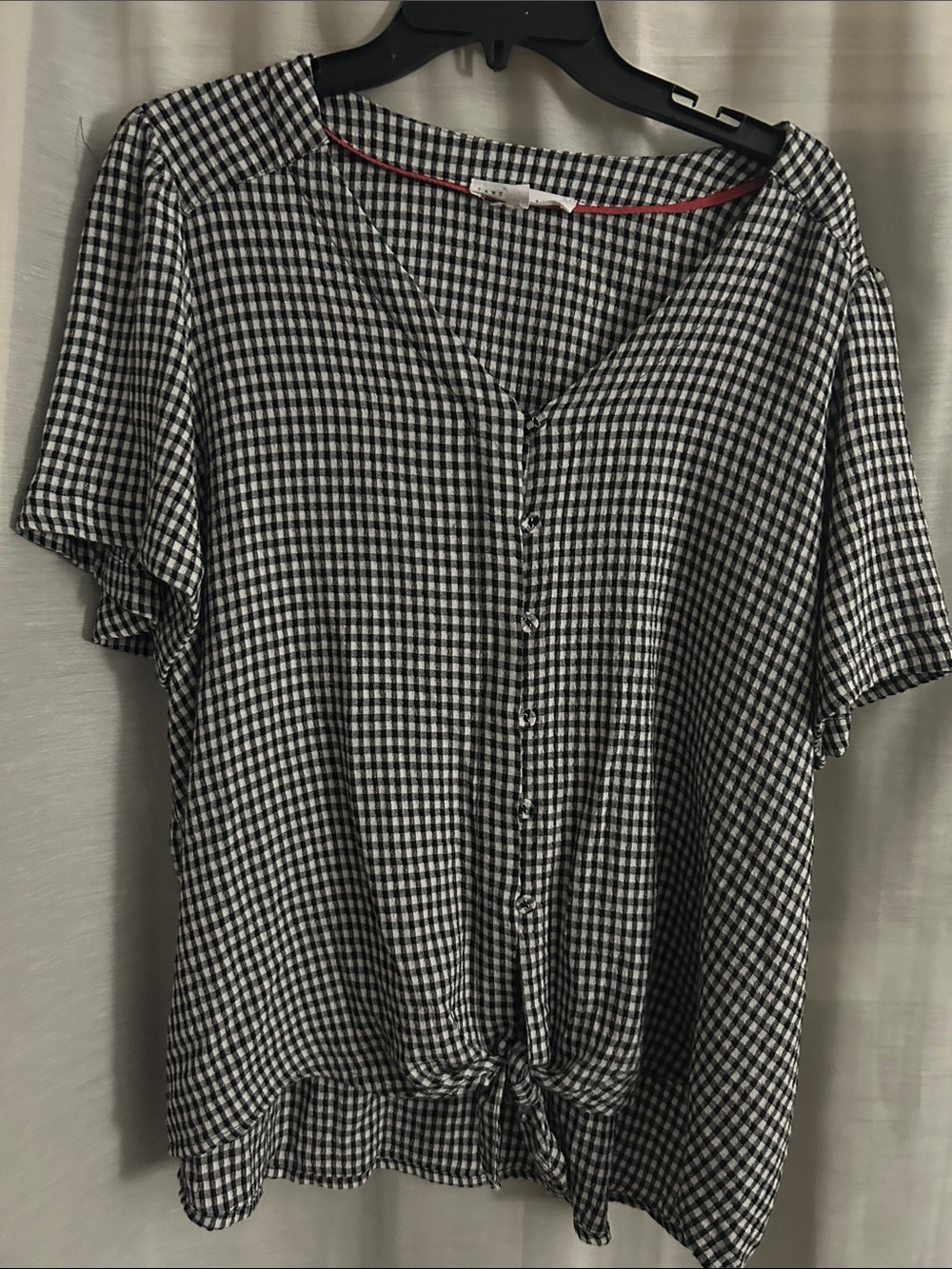 Jane and Delancey Black and White Gingham Button-Front Tie Hem Top